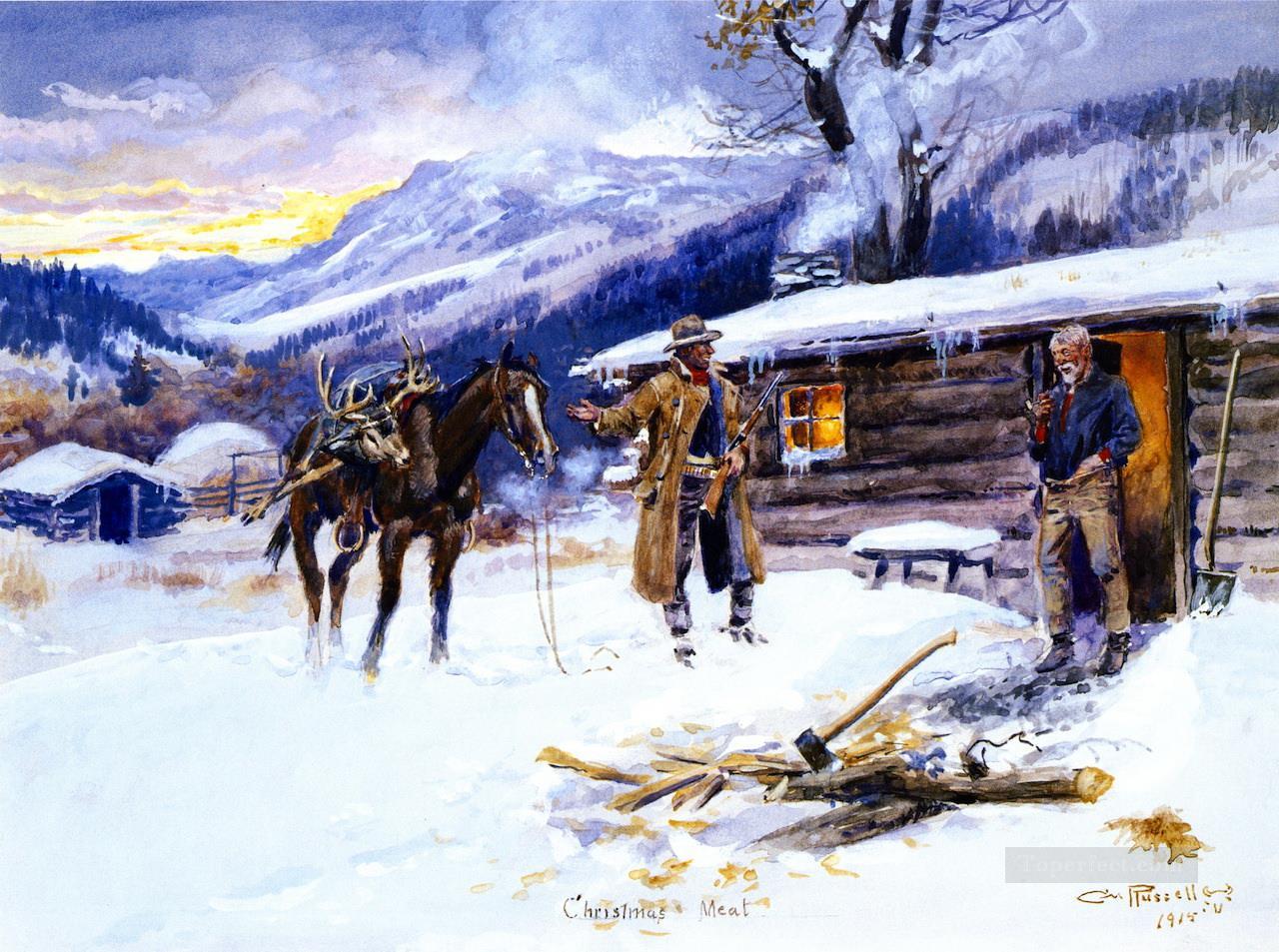 carne navideña 1915 Charles Marion Russell Vaquero de Indiana Pintura al óleo